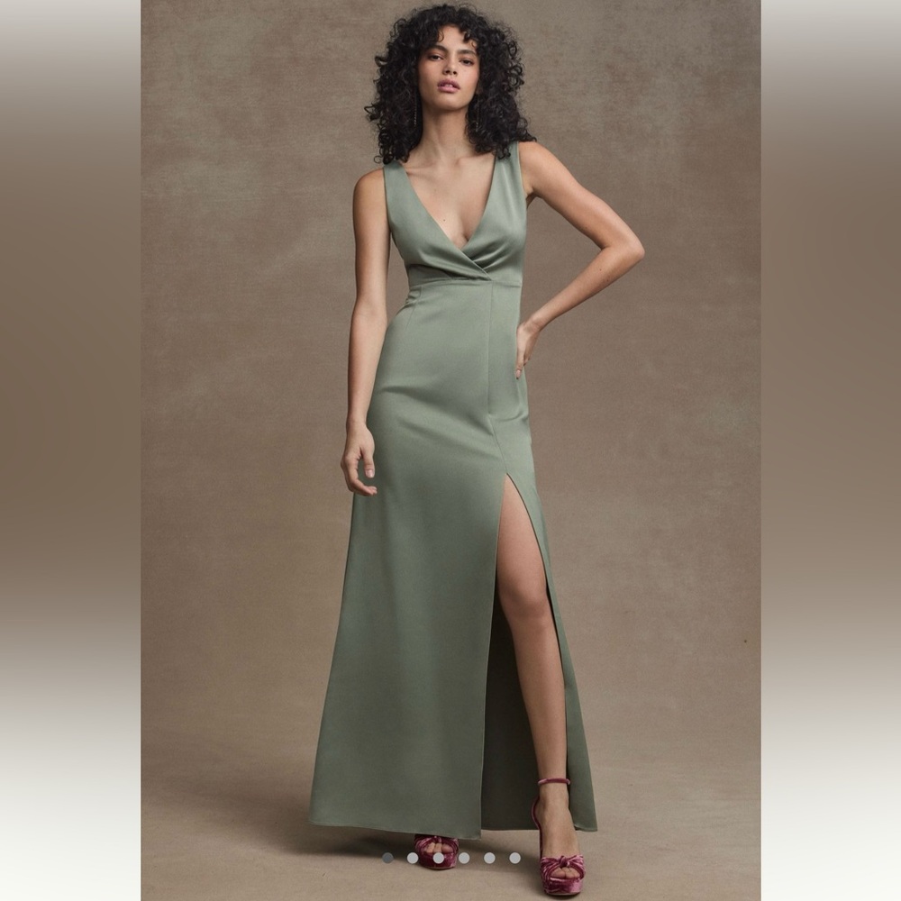 BHLDN Piper V-Neck Side-Slit Satin Gown Size 6 in Moss Green New with Tags